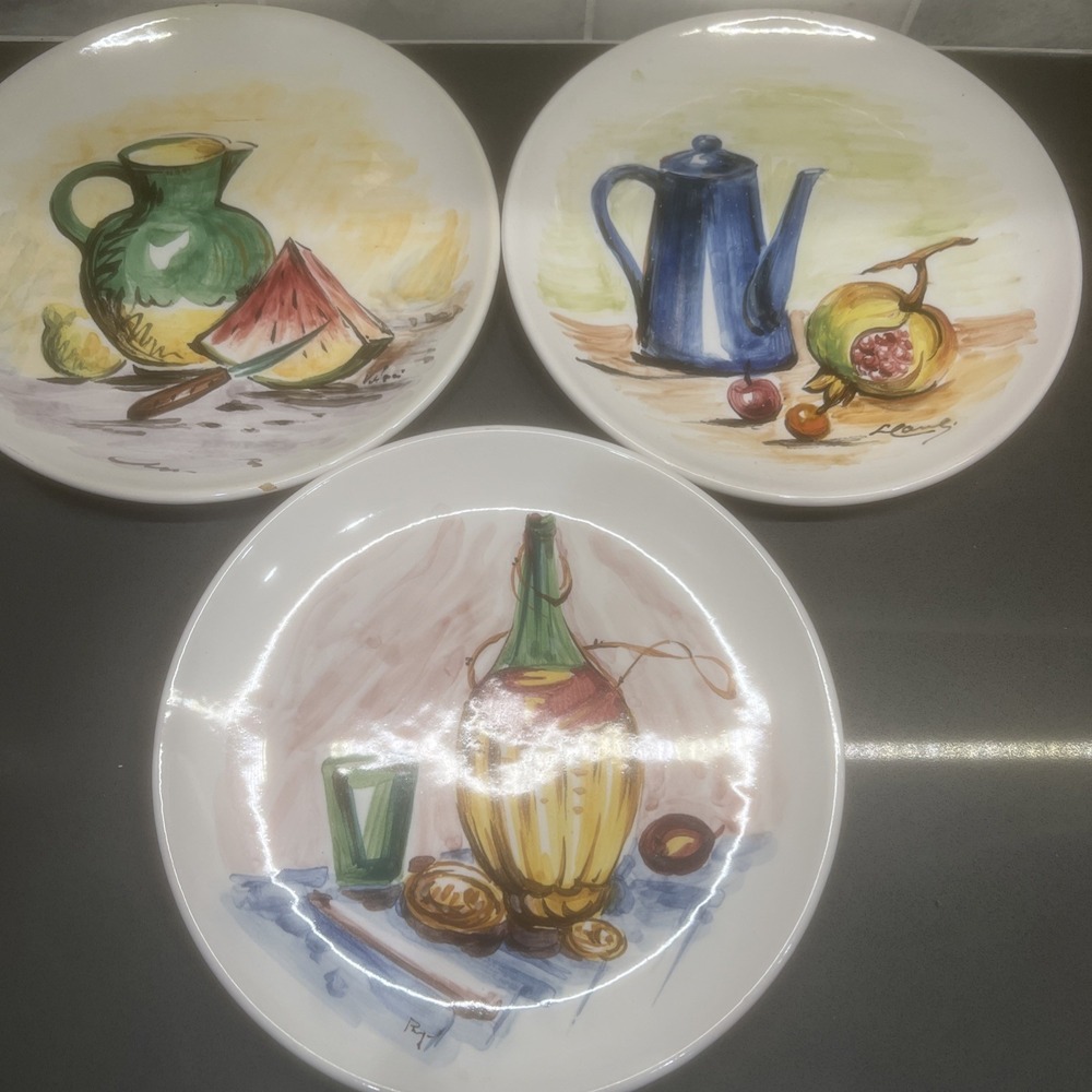 3-VINTAGE Hand Painted  From Italy  Decorative Plates Kitchen Garden 10"